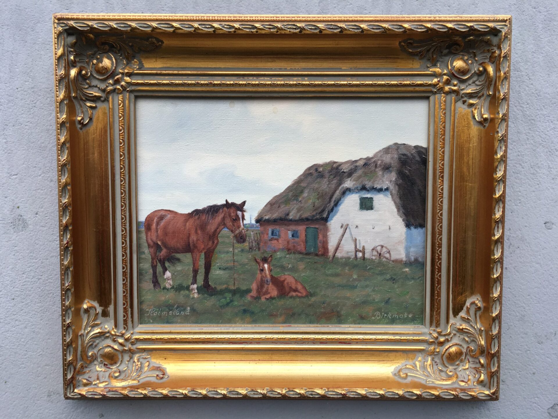 Maleri fra Holmsland, sign. Birkmose, pris 800 kr