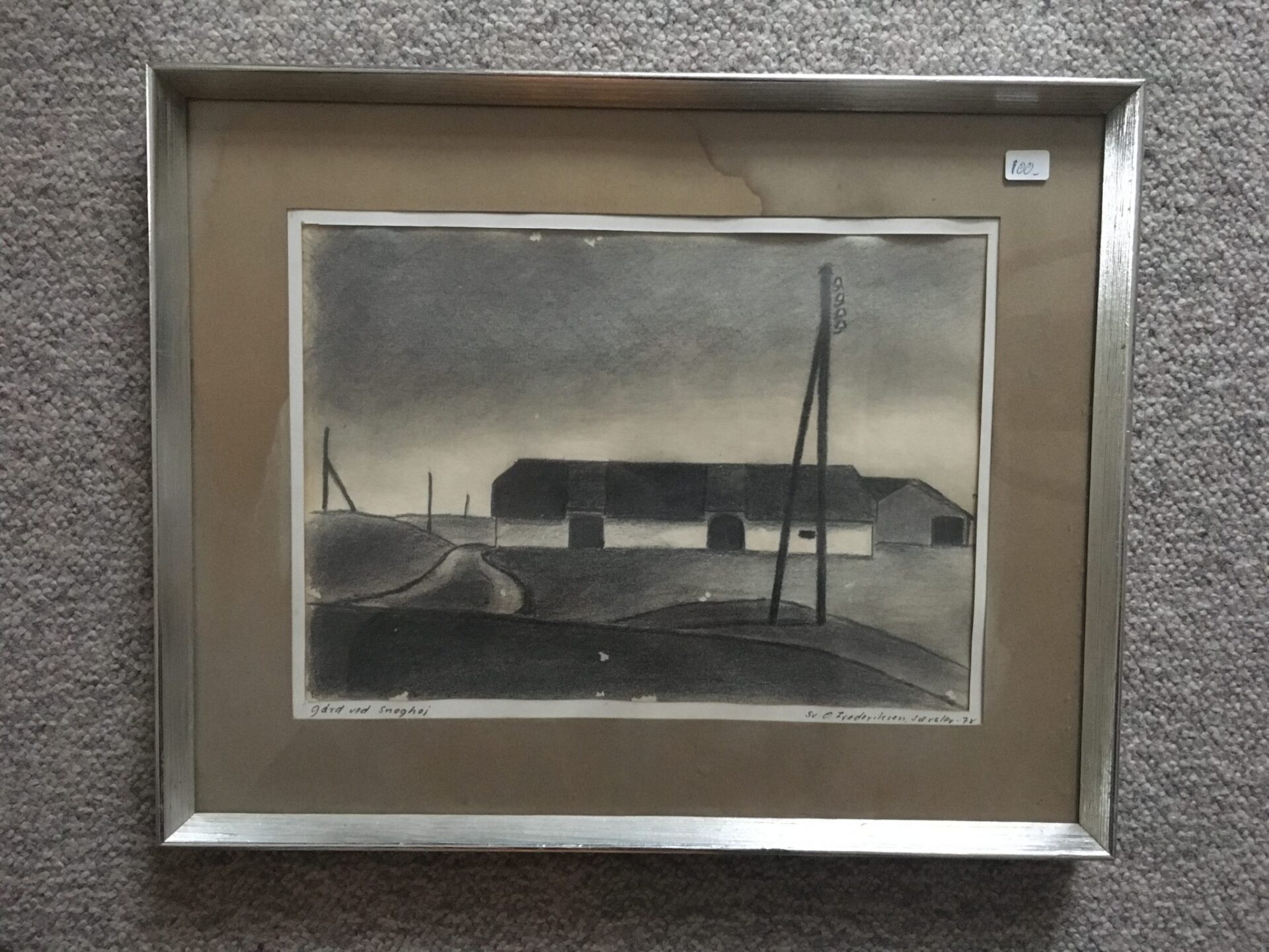 Gård ved Snoghøj (blyantstegning 1978), pris 100 kr