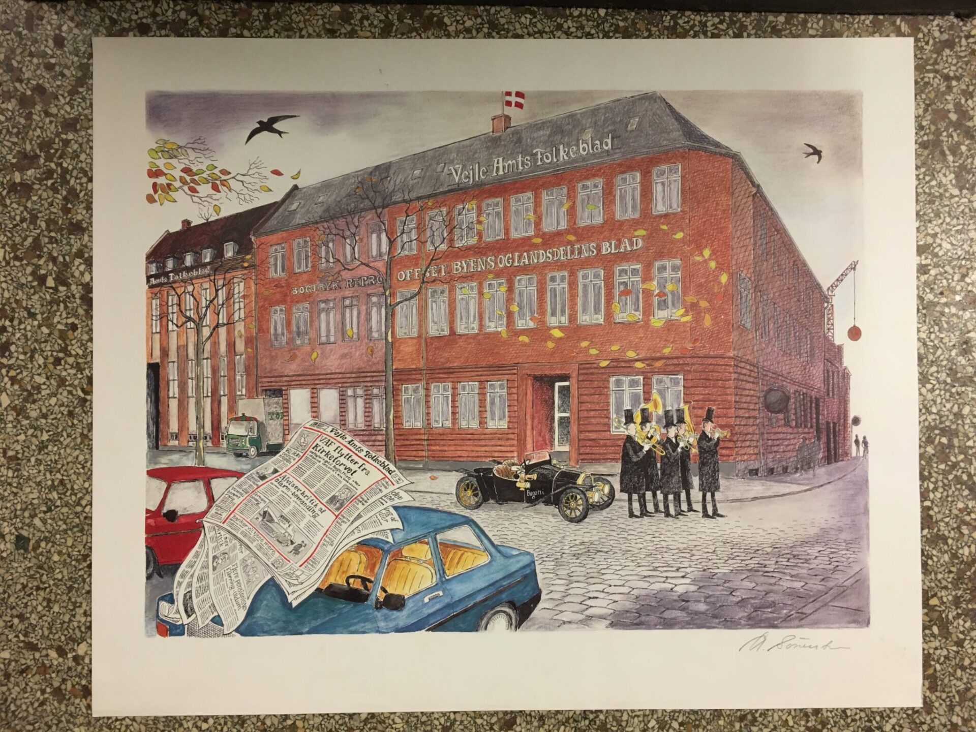 Vejle Amts Folkeblad, grafisk tryk, signeret Arne Sørensen, pris 200