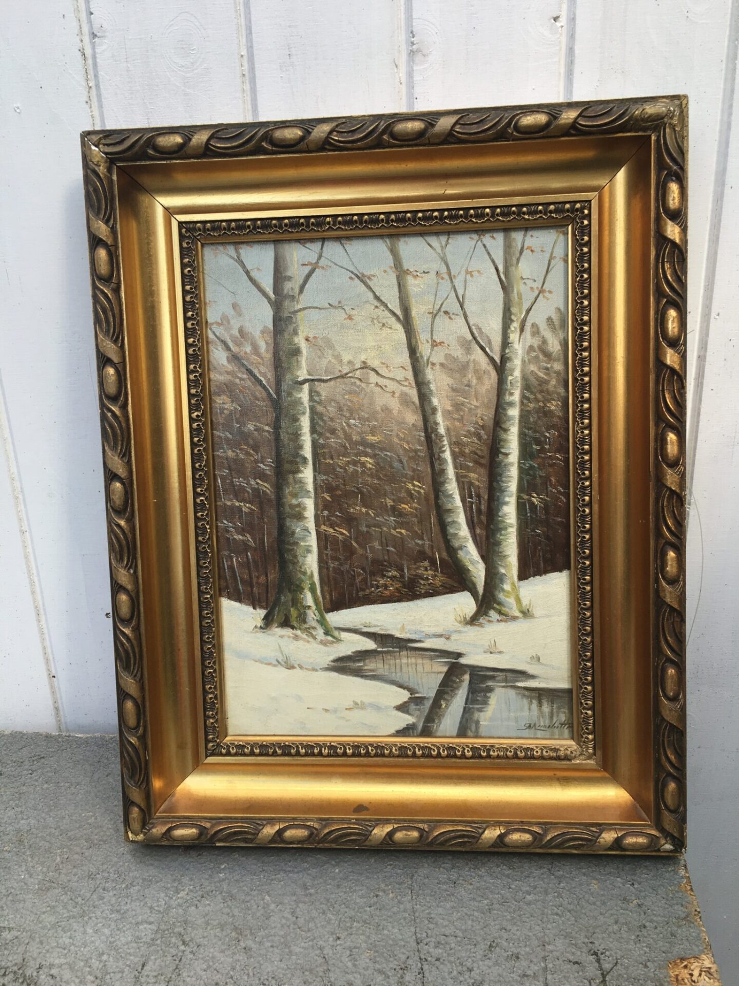 Vinterlandskab, utydeligt signeret (36x46 cm) pris 200 kr
