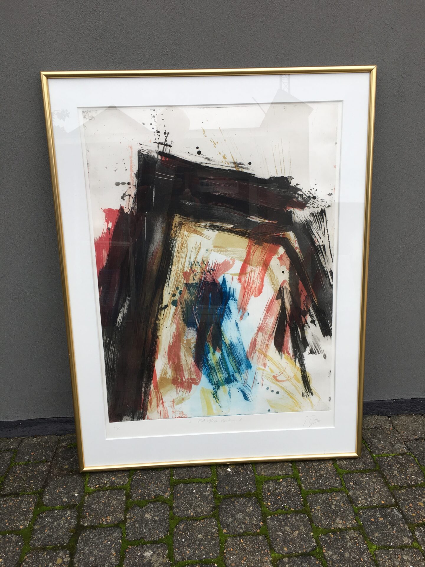 Stort dansk Litografi, nr 7/25 (rammemål 95x127 cm) utydeligt signeret og betitlet, pris 800 kr
