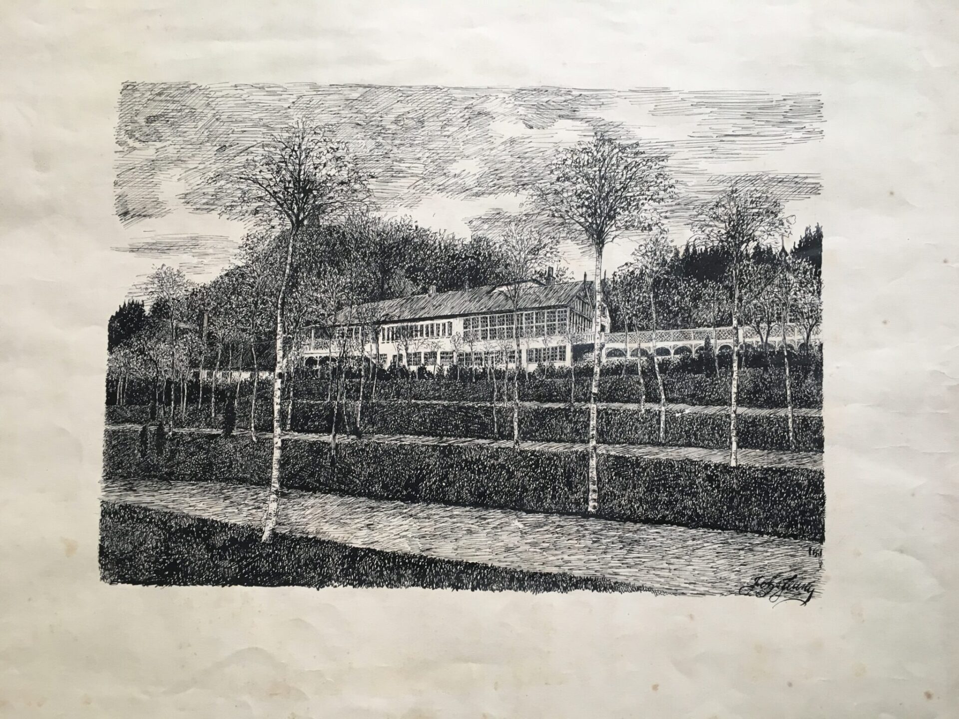 Tuschtegning af Trædballehus, Vejle (bladstørrelse 60x50 cm), pris 200 kr