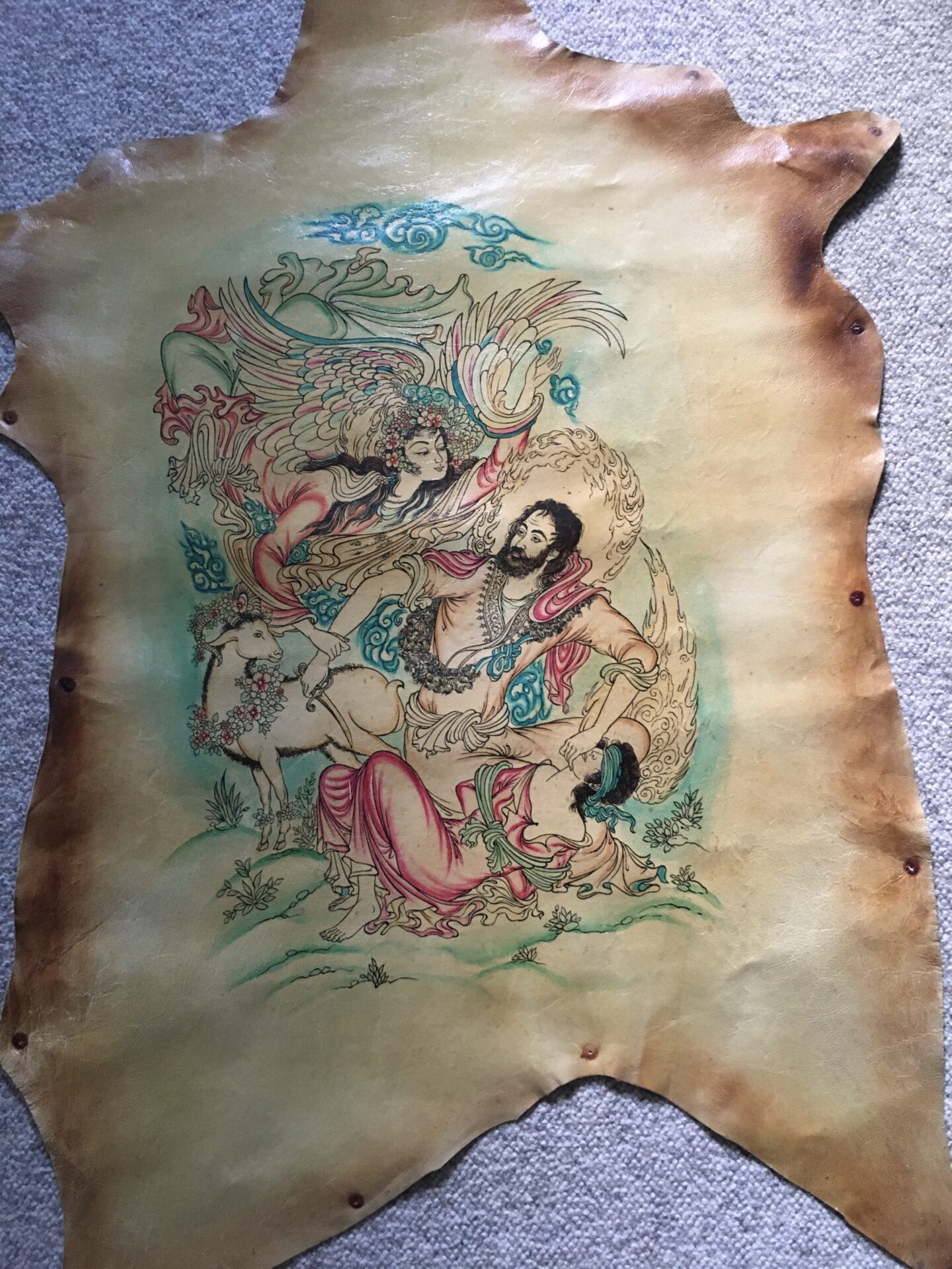 Bibelsk motiv malet på et gedeskind. (ca 50x60 cm). Abraham skal ofre sin søn Isak. pris 400 kr