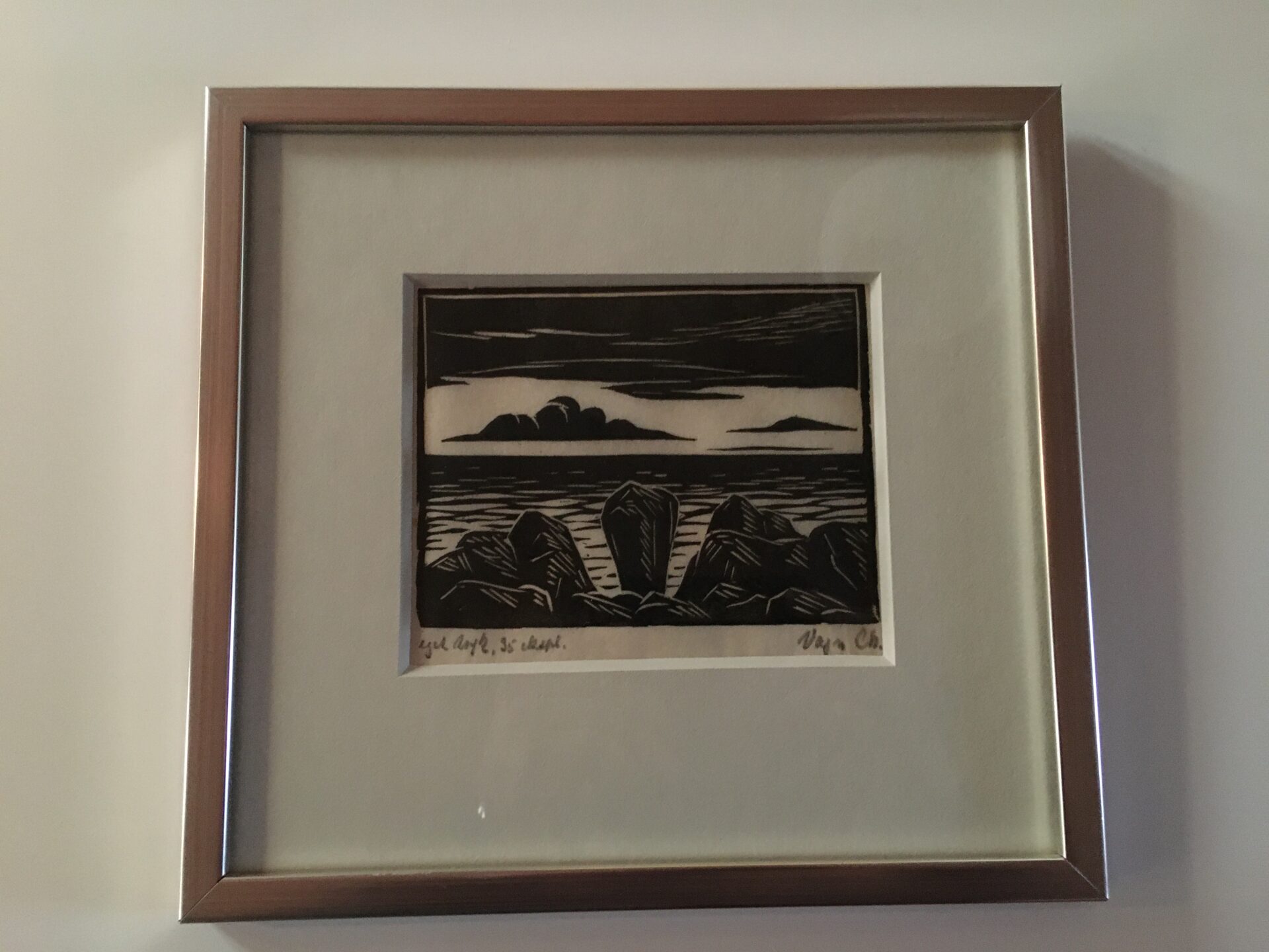 Vagn Christensen, træsnit, (rammemål 25x27 cm), sign Vagn Ch. 35 eksmpl. pris 300 kr