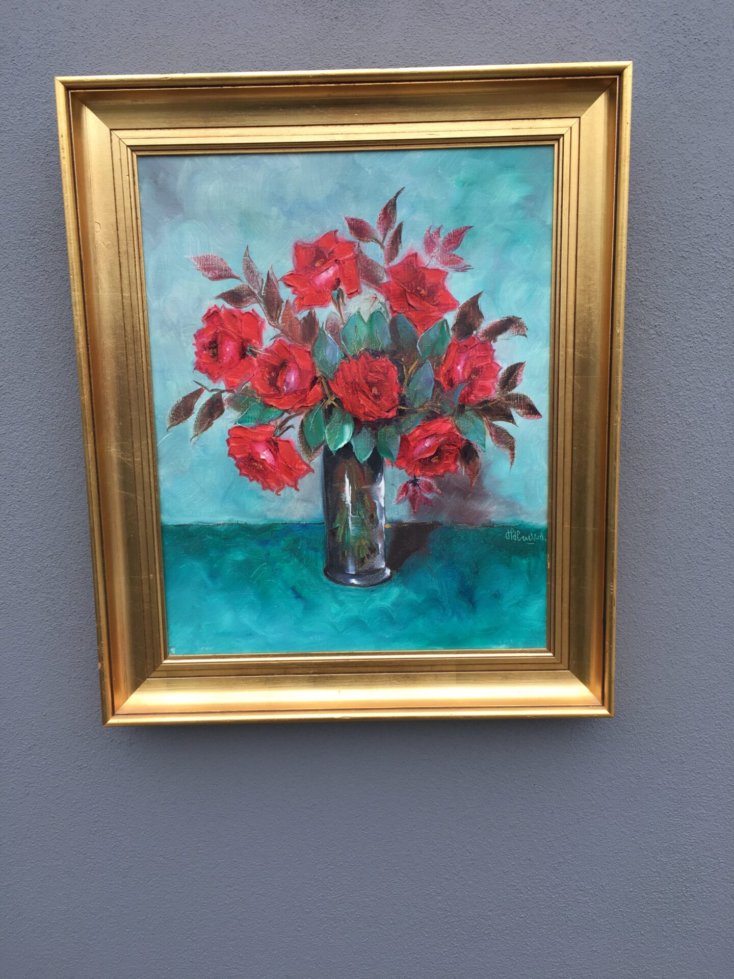 Harriet Hansen, Røde roser, oliemaleri på lærred, 52x63 cm, pris 500kr