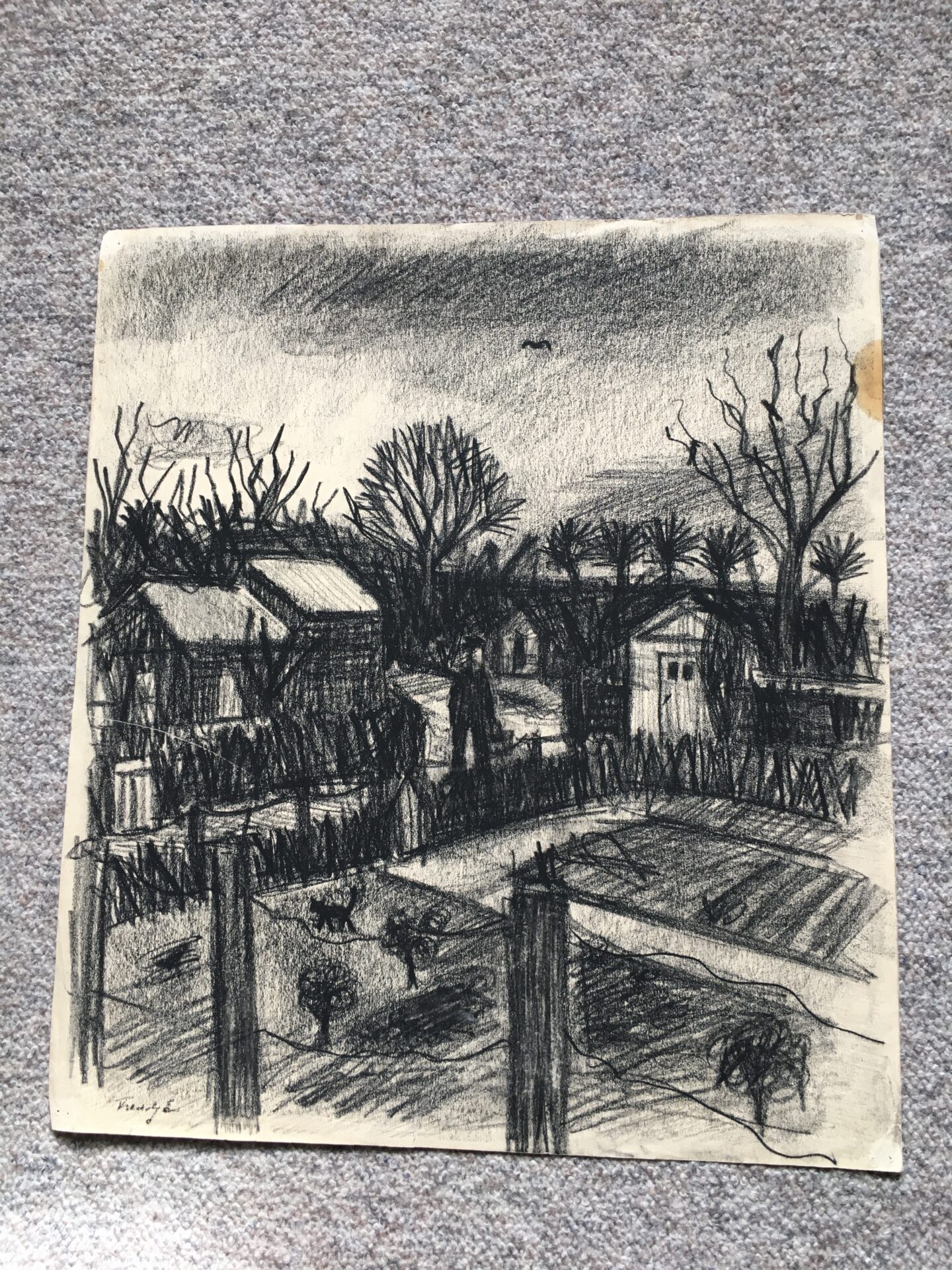 Kultegning signeret Freddy E (Freddy Eriksen ?), uindrammet 48x41 cm. Pris 500 kr