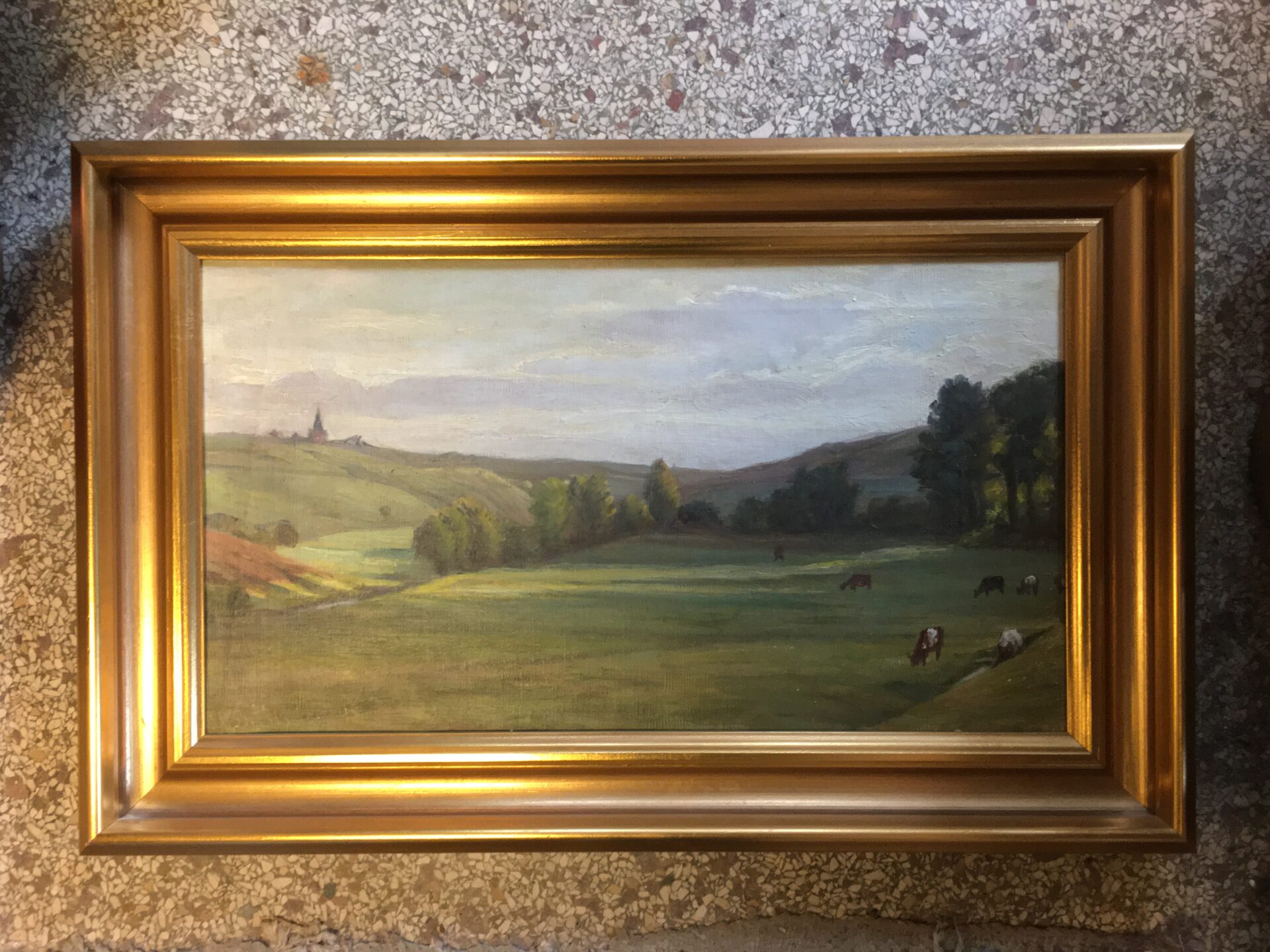 J.U.Bresdorff, 1901, Udsigt mod Almind Kirke (Kolding), rammemål 33x52 cm, pris 600 kr