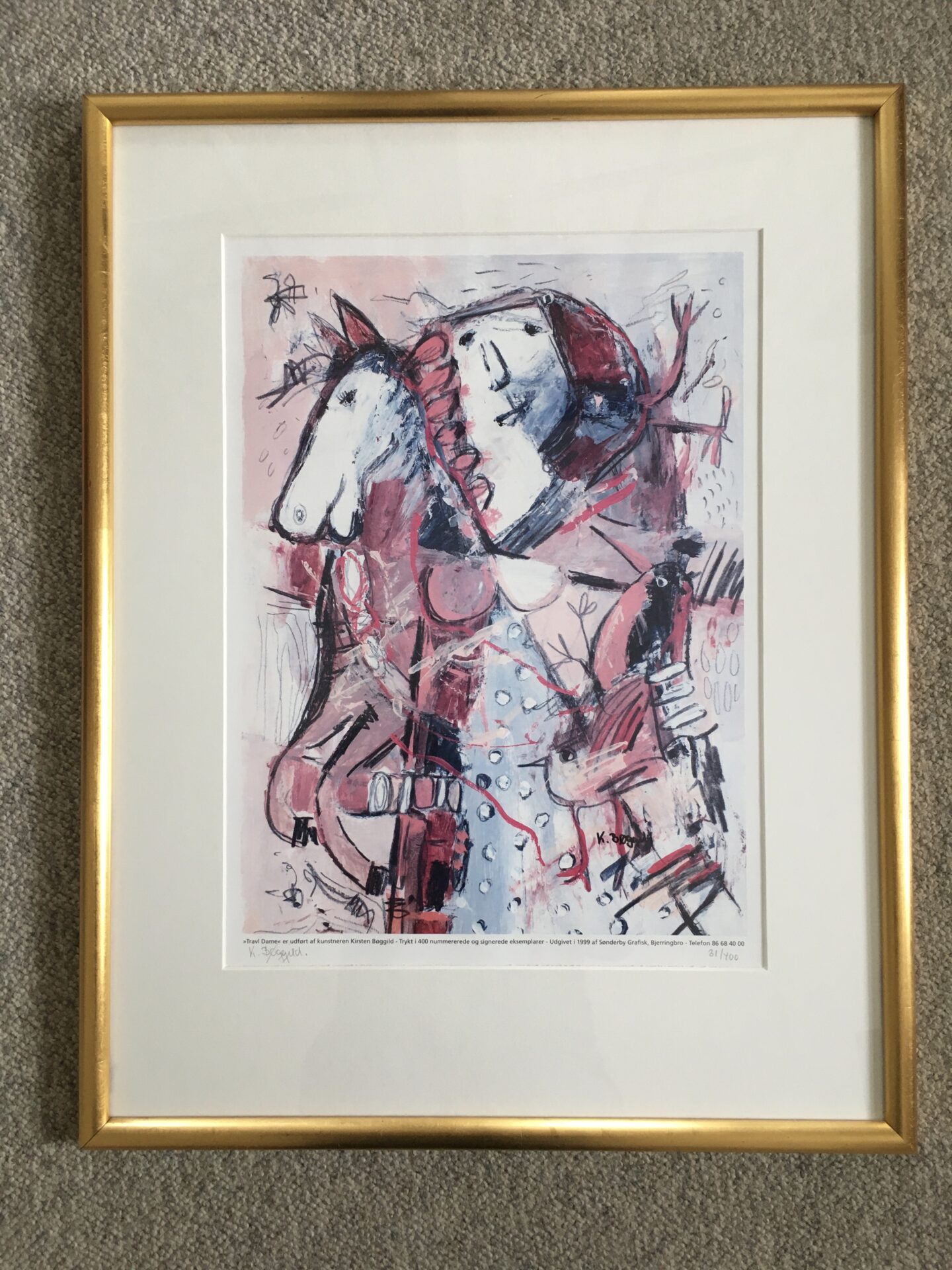 Kirsten Bøggild, kunsttryk, nr. 31/40, signeret i 99, flot indrammet (63x47 cm) Pris 400kr