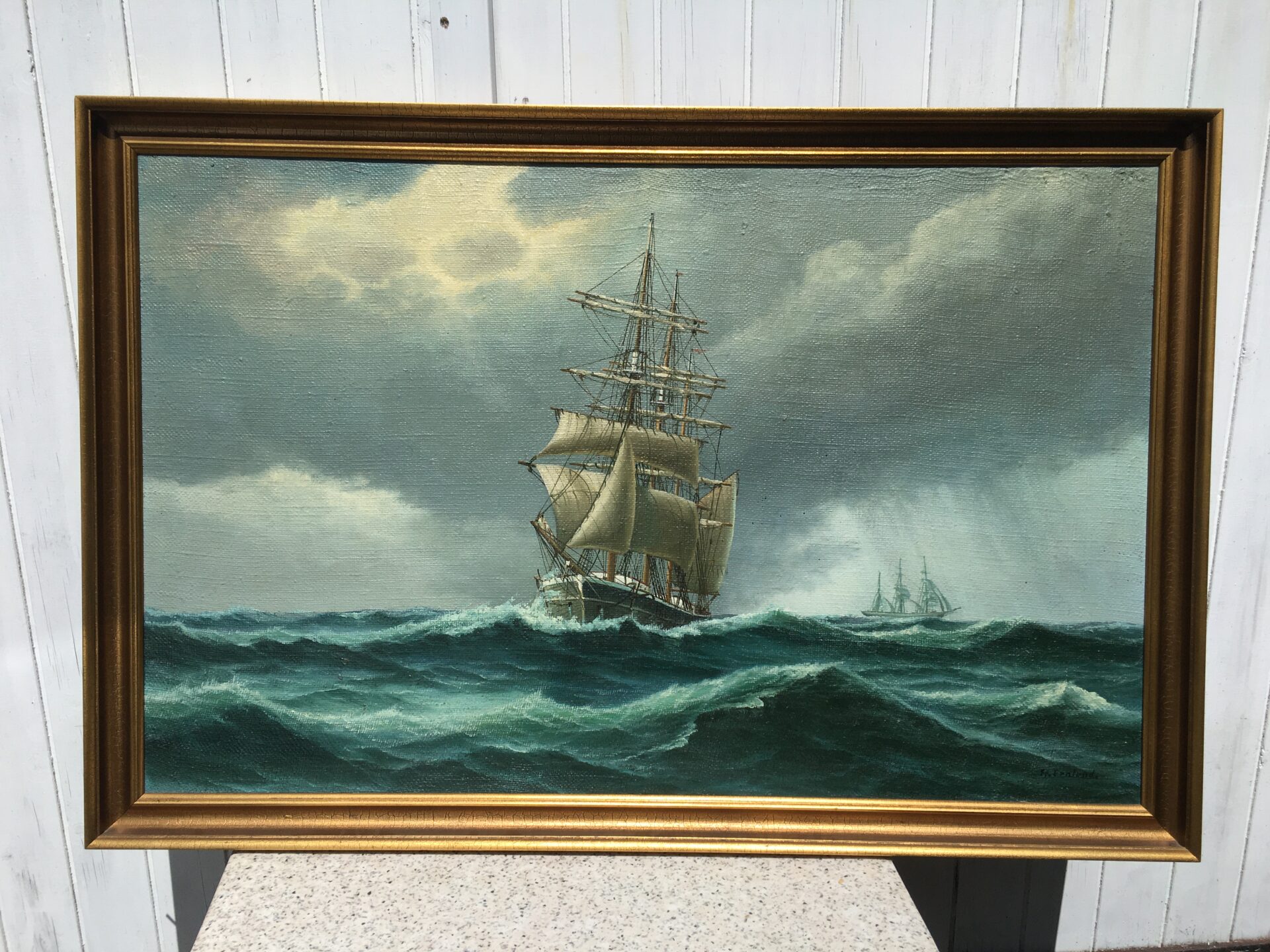 Marinemaleri, Frederik Ernlund, Middelfart, velholdt, rammemål 80x120 cm, pris 600kr