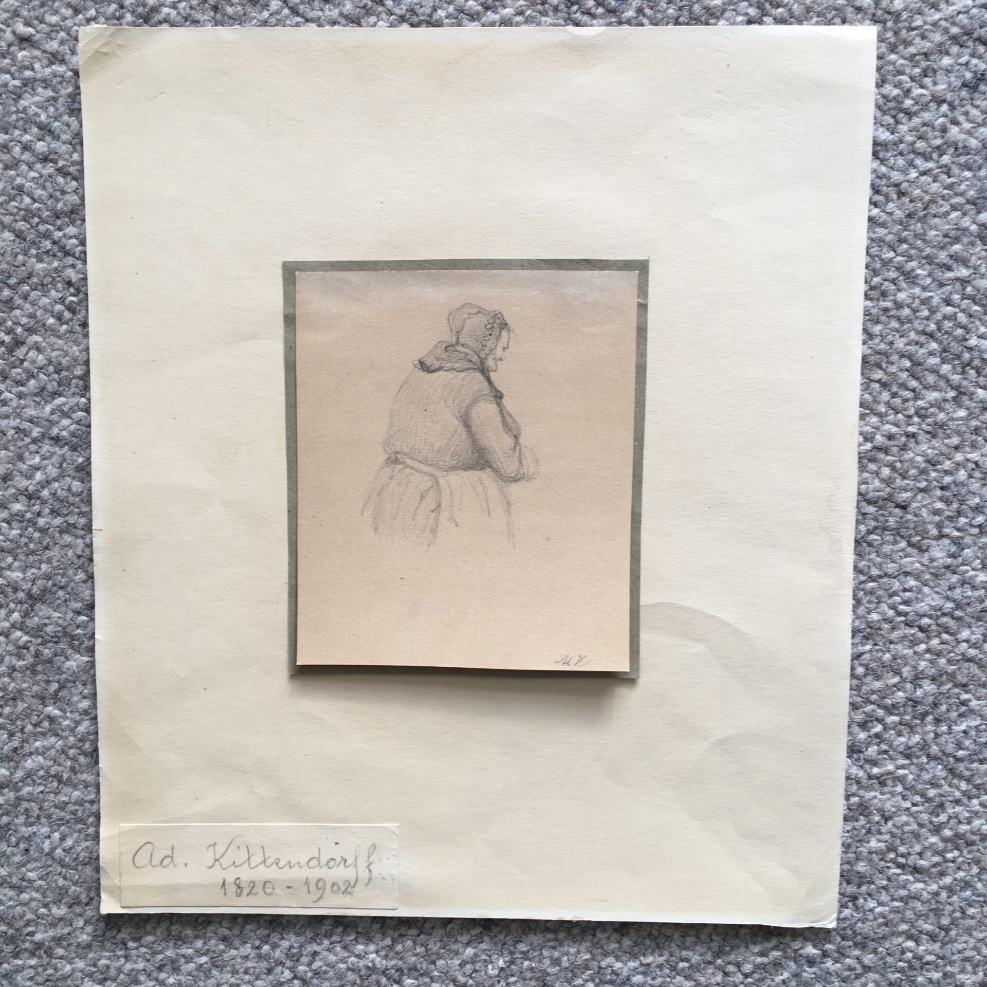 Lille tegning, signeret Adolph Kittenforff, monteret på pap (26x22 cm). pris 300kr
