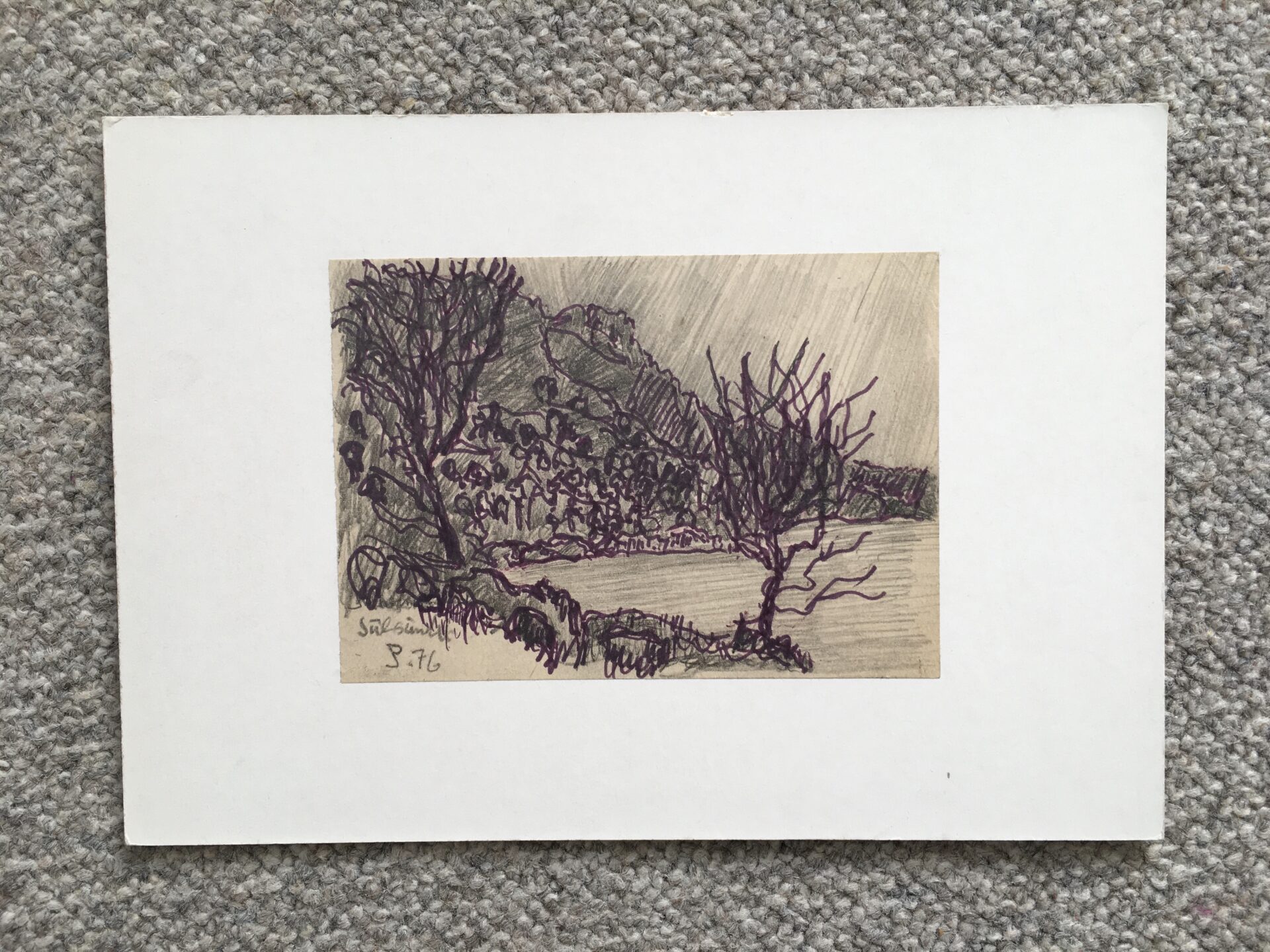 Tegning sign. Per Jölting 76, monteret på pap (26x18 cm), moti fra Julsundet, Norge. Pris 300kr
