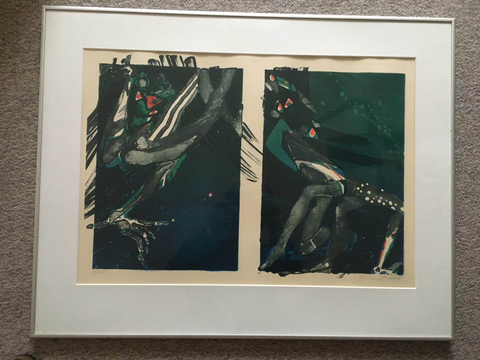 Litografi nr. 17/25, utydeligt signeret ?? Rammemål 60x75 cm, pris 500 kr