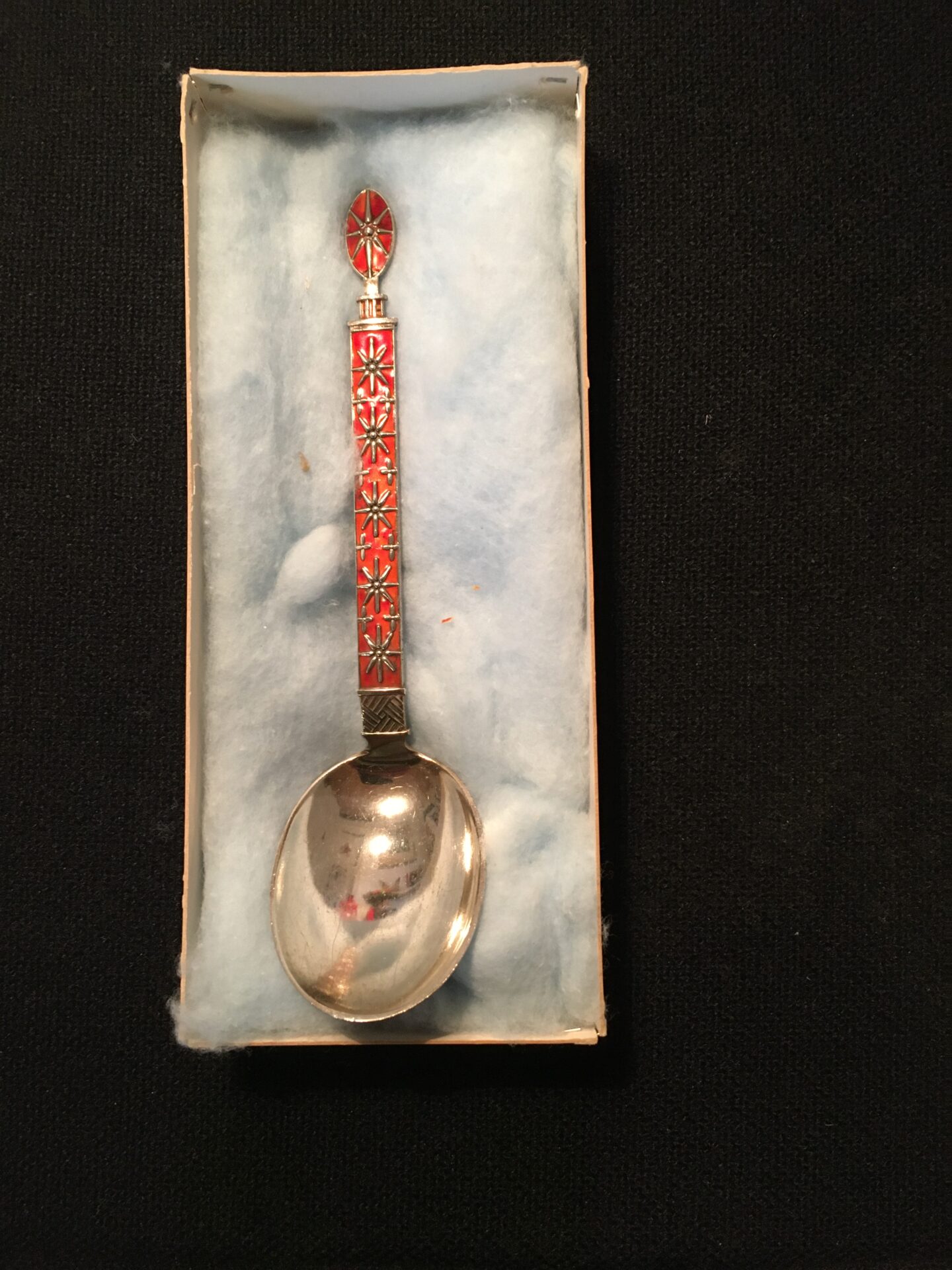 Kompot ske, sterling sølv med emalje på begge sider, l=17 cm, pris 250 kr