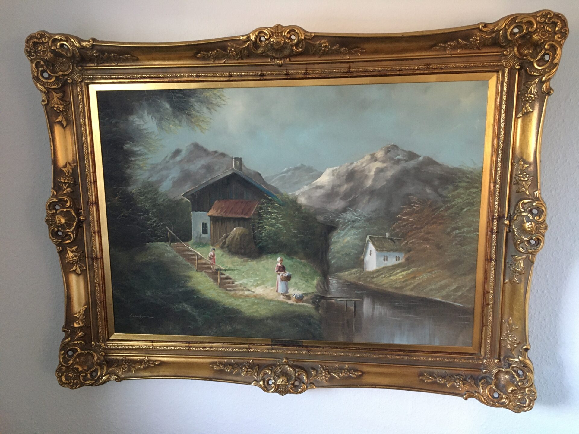 Ældre maleri i pragtramme, signeret, Arling Gade, Rammemål 90x125 cm. Afhentningspris 800krr