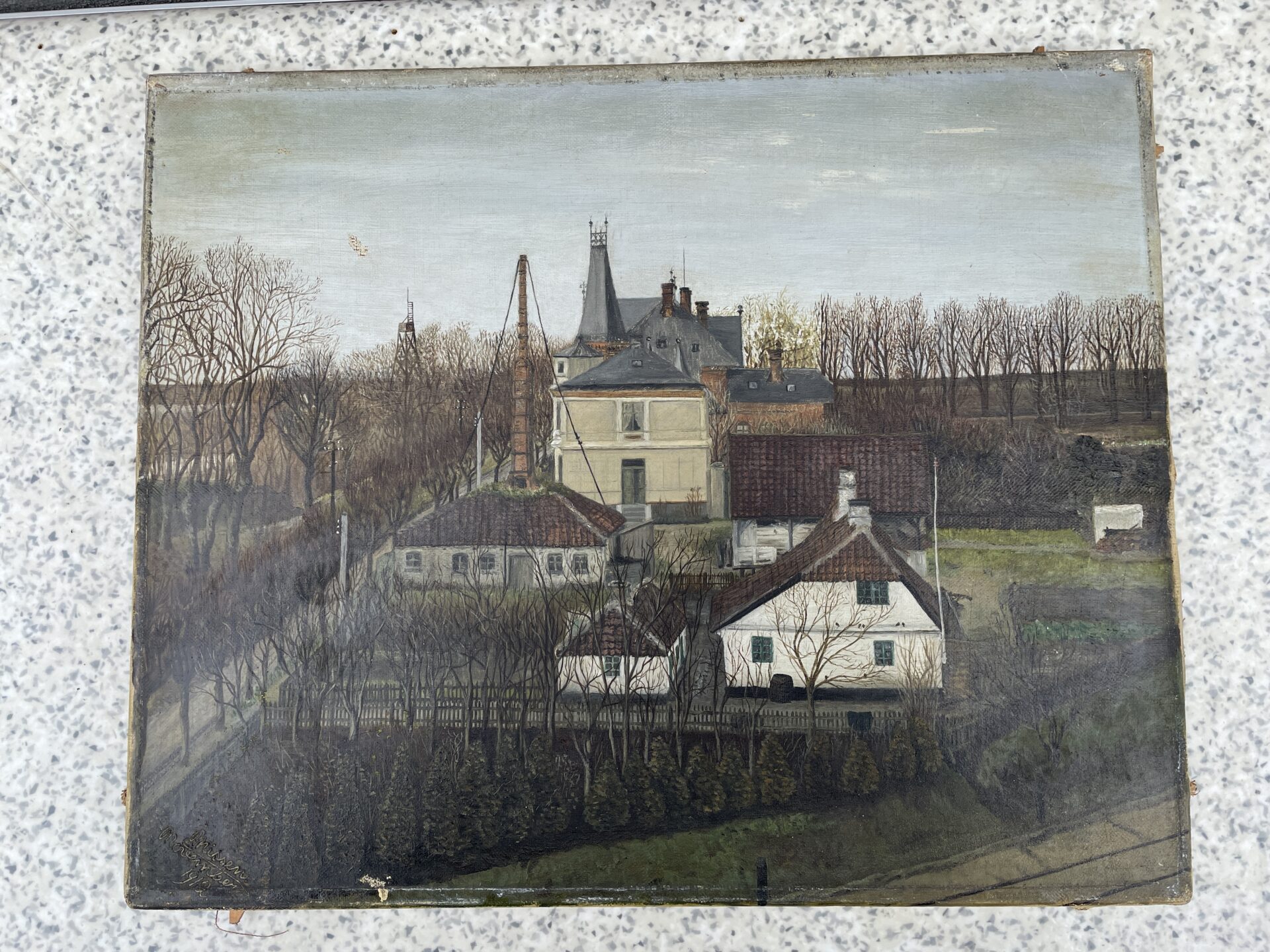 Gammelt maleri af Villa Estrella, Fredericia, signeret Nissen 1912, uindrammet,43x34 cm,