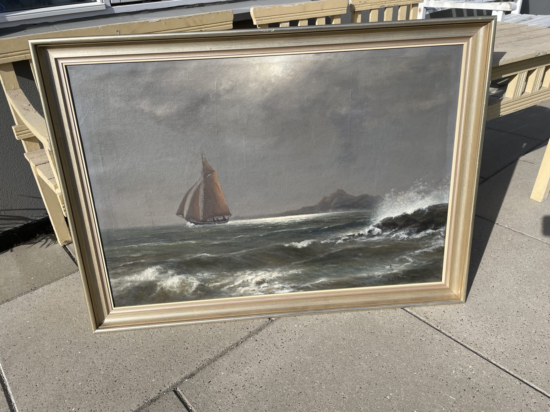 Gammelt marinemaleri, 105x76 cm, utydeligt signeret 