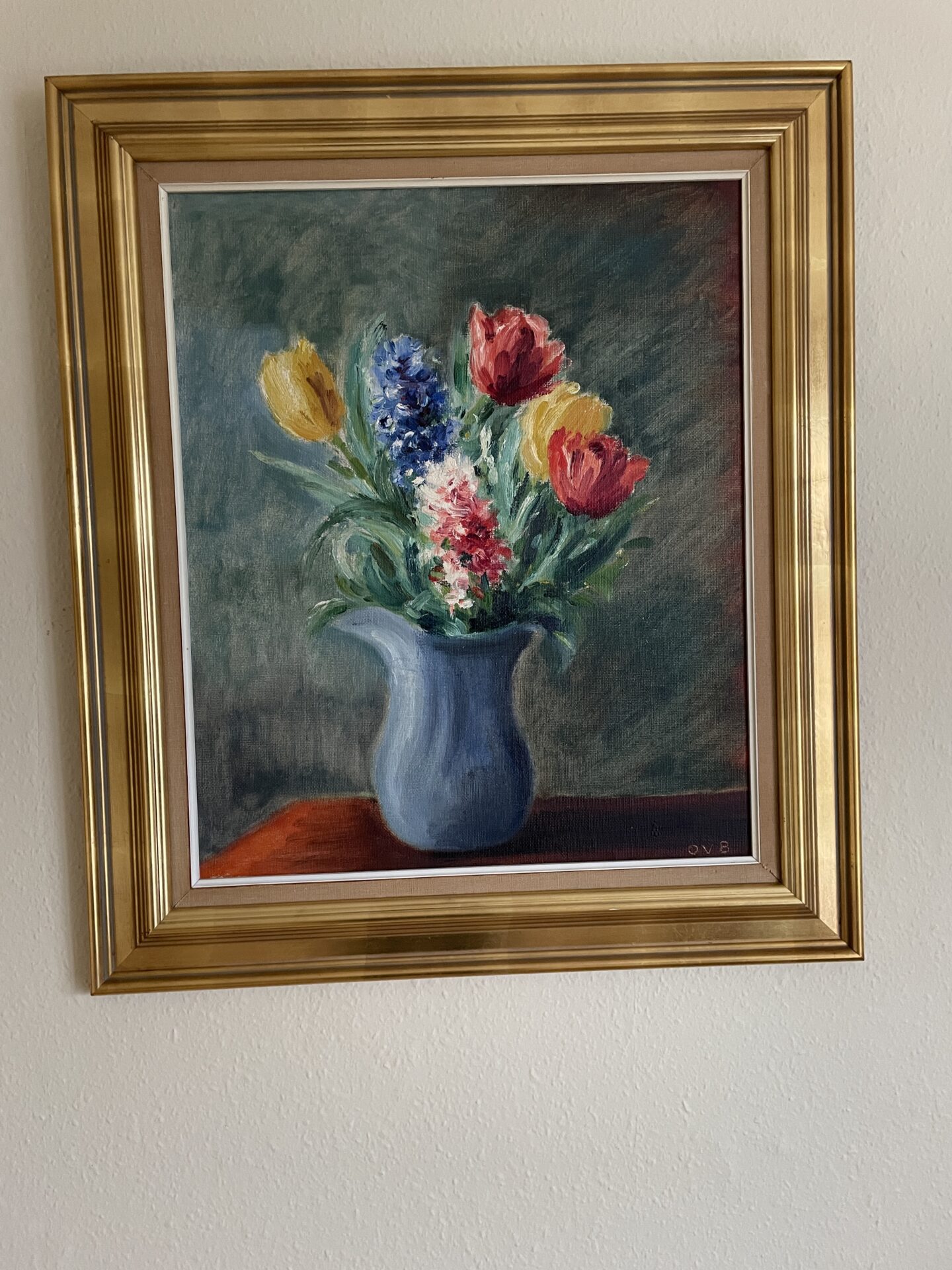 Blomstermaleri, sign OVB, rammemål 70x80 cm, pris 500kr