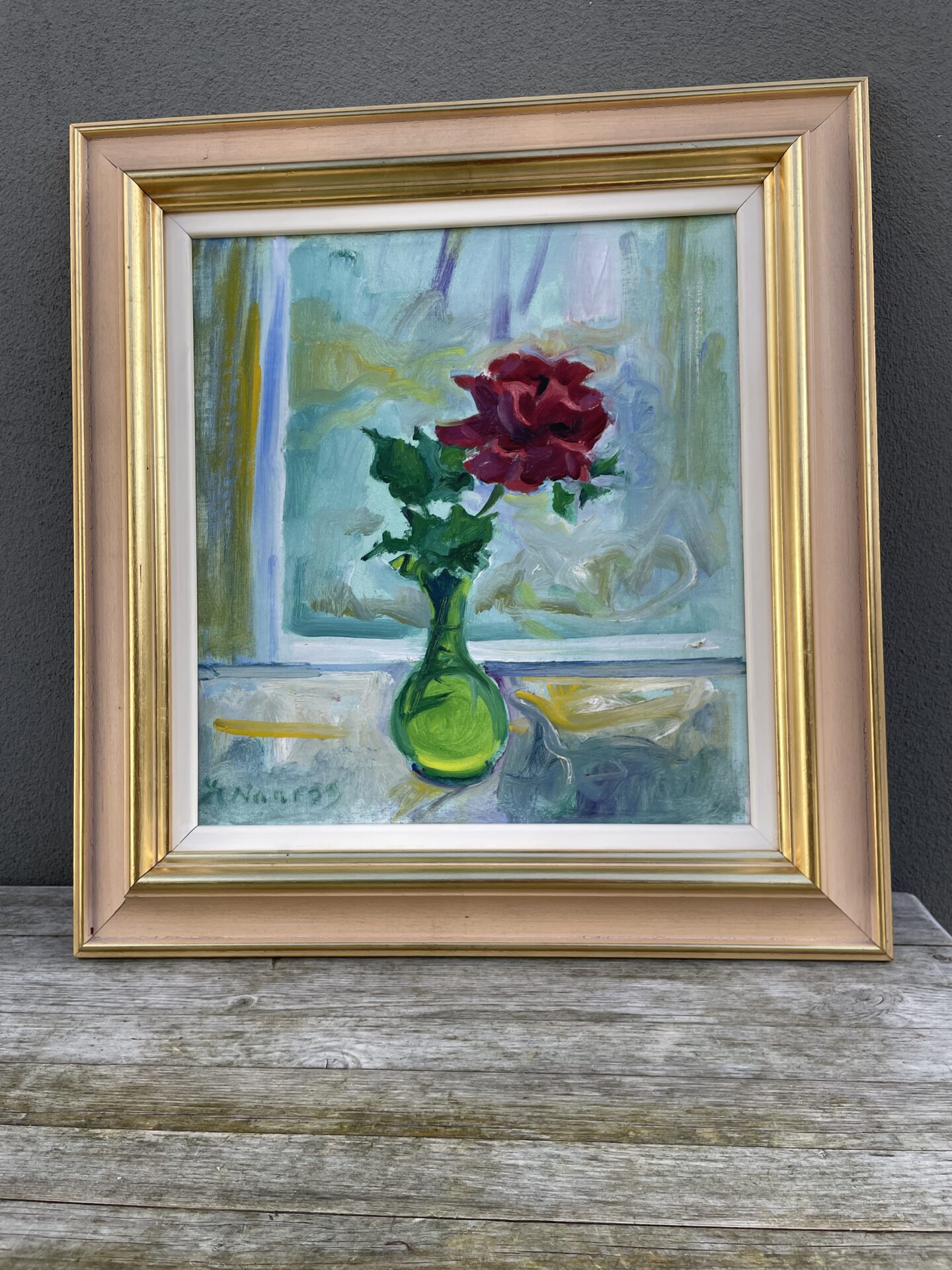 Albert Naur, Rose i vindueskarm, signeret i 1953 rammemål 47x47 cm. Pris 1000kr